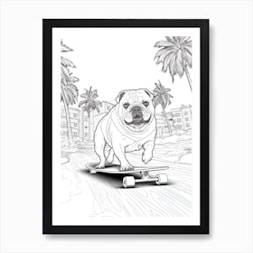 English Bulldog Dog Skateboarding Line Art 2 Art Print