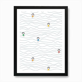 Rainbow Doodle Girls Stick Figures on Wavy Lines Art Print