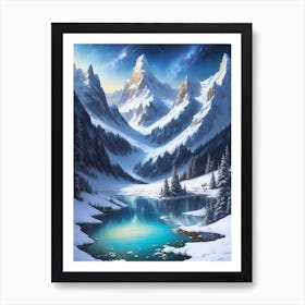 Glistening Snowy Mountains And Frozen Lake Under The Starry Sky Art Print