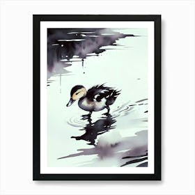 "Monochrome Serenity: The Duckling's Journey" Art Print