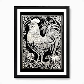 B&W Bird Linocut Rooster 1 Art Print