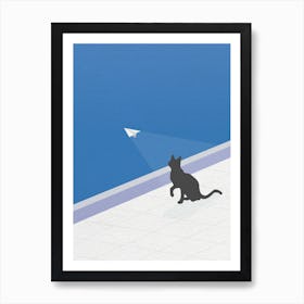 Vintage Minimal Art Cat Watching paper Plane Art Print