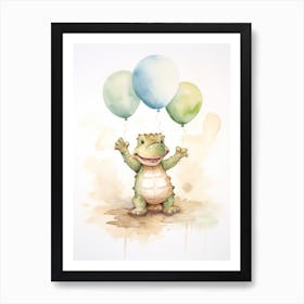 Baby Crocodile Flying With Ballons, Watercolour Nursery Art 2 Art Print