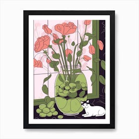 Drawing Of A Still Life Of Sweet Pea With A Cat 3 Art Print