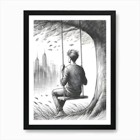 Moody Man on Swing Sketch 4 Art Print