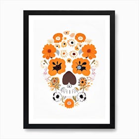 Skull With Floral Patterns 2 Orange Kawaii Art Print