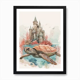 Sea Turtle With A Coral Castle Illustration 3 Art Print