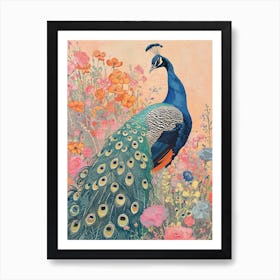 Warm Tones Peacock In A Meadow Art Print