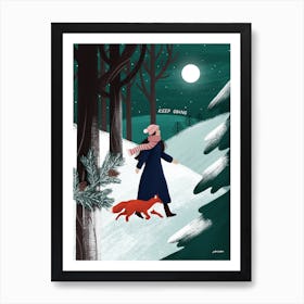 Woman And Fox Walking In Snowy Woods, Keep Going Art Print