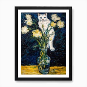 Still Life Of Lisianthus With A Cat 1 Art Print