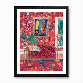 Ornate Red Interior Painting With Wild Cats After Matisse Art Print