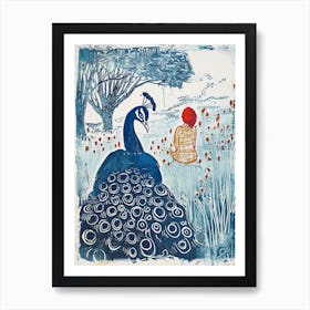 Abstract Blue Peacock Portrait & Woman With Red Hair Art Print