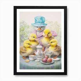 Duckling Tea Party Pencil Illustration 3 Art Print