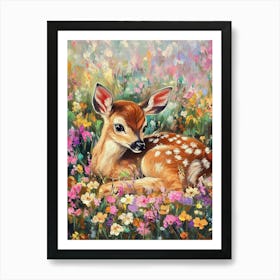 Oil Painting Of Young Deer In Wild Landscape With Spring Or Summer Colorful Flowers Art Print