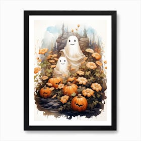 Cute Bedsheet Ghost, Botanical Halloween Watercolour 16 Art Print