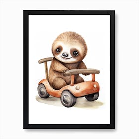 Baby Sloth On A Toy Car, Watercolour Nursery 0 Art Print