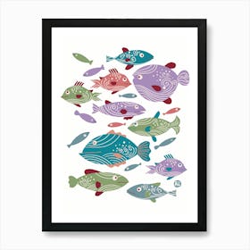 School of Spiral Fish [blue on white] Art Print