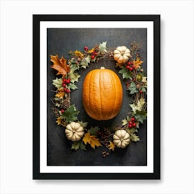 A Digital Render Of A Thanksgiving Themed Art Design Capturing An Overhead View Of A Large Round Pu (1) Art Print