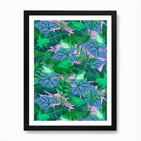 Hiding Tropical Tree Frogs in Blue Green Foliage on Pink Art Print