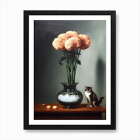 Painting Of A Still Life Of A Carnations With A Cat, Realism 4 Art Print