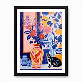 Bluebell Flower Vase And A Cat, A Painting In The Style Of Matisse 3 Art Print