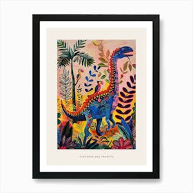 Colourful Blue Dinosaur With Parrots Poster Art Print