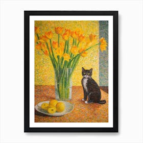 Daffodils With A Cat 2 Pointillism Style Art Print