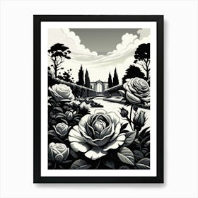 Black and White Roses In The Garden Art Print