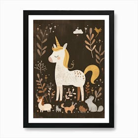 Unicorn & Woodland Animal Friends Muted Pastel 1 Art Print