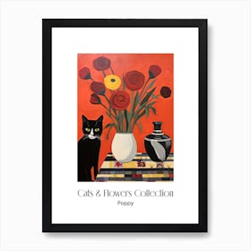 Cats & Flowers Collection Poppy Flower Vase And A Cat, A Painting In The Style Of Matisse 0 Art Print