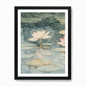 Water Lilies Print Vintage Flowers Pond Watercolour 1 Art Print