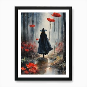 Witch Running In Red Lotus Woods ~ Witchy Artwork of a Black Cloaked Witch Figure Hurrying Through Mysterious Enchanted Moonlit Forest Filled With Wonderland Red Lotus Flowers Fairytale Witchcore Cottagecore Watercolor Art Print