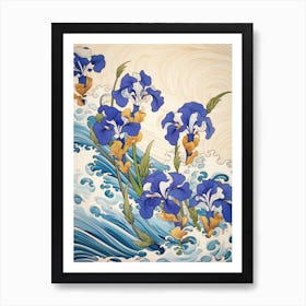 Great Wave With Iris Flower Drawing In The Style Of Ukiyo E 4 Art Print