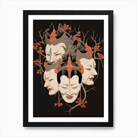 Noh Masks Japanese Style Illustration 18 Art Print