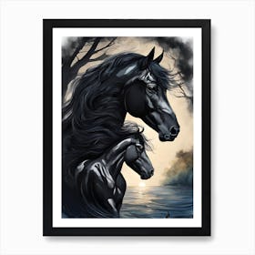 Black Horse And Foal Art Print