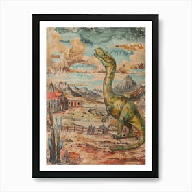 Dinosaur In A Western Town Painting Art Print