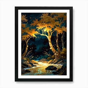 Forest At Night With Fireflies Art Print