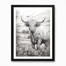 Black & White Illustration Of Highland Cow With Daisies Art Print