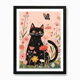 Black Cat In Flowers 4 Art Print