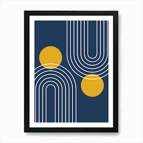 Mid Century Modern Geometric In Navy Blue And Mustard Yellow (Rainbow And Sun Abstract) 01 Art Print