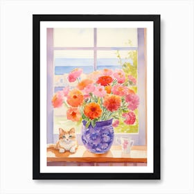 Cat With Ranunculus Flowers Watercolor Mothers Day Valentines 1 Art Print