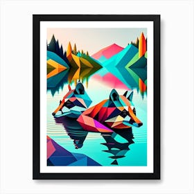 Two Raccoons Swimming In Lake Modern Rainbow Geometric Art Print