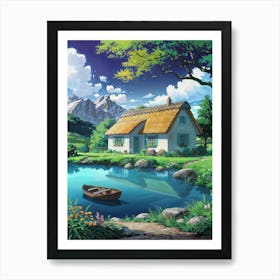 Anime Canvas Art: Cozy Cottage with Orange Roof, Blue Pond, Yellow Blossoms, and Mountain Backdrop, Perfect for Lofi Aesthetic and Tranquil Nature Lovers. Art Print