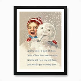 Boy Hiding Behind Snowman, Holiday Poster Art Print