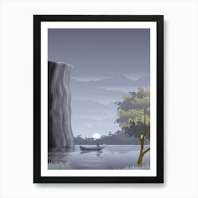 Boat Lake Moon Cliff Reflection Water Fisherman Moonlight Night Evening Tree Scene Scenic Nature Drawing Art Print