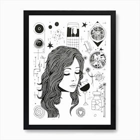 Woman Thoughts Black And White Line Art 2 Art Print