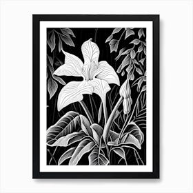 White Trillium Wildflower Linocut 1 Art Print