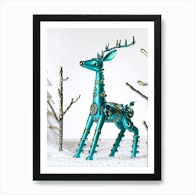 Ceramic And Metal Whimsical Teal Deer Resembling A Firefly Robot Frolics Among Icy Trees Glistenin Art Print