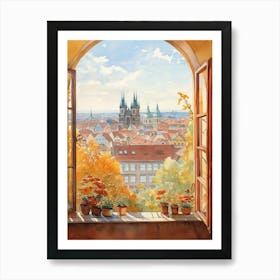 Window View Of Prague Czech Republic In Autumn Fall, Watercolour 1 Art Print