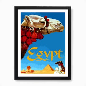 Egypt, Profile Of A Camel in Front of Pyramid and Sphinx of Giza Art Print